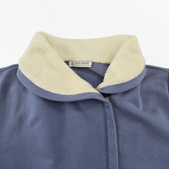 Y2K St John Sport Blue Knit Jacket Shearling Collar Asymmetrical Zip Size Medium - Picture 3 of 11